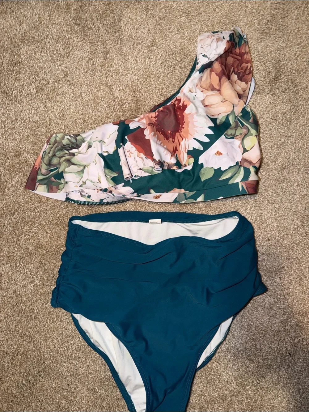 SHEIN Floral One-Shoulder Bikini Top with Teal High-Waist Bottoms